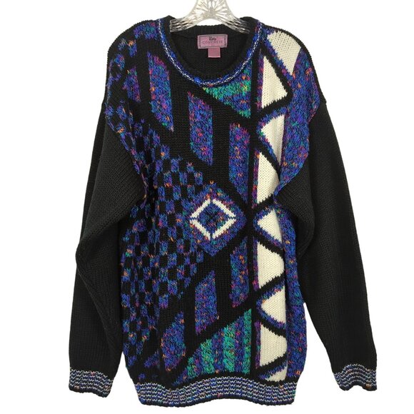 Vintage 80s Concrete Black Blue Sweater L / XL Geometric Abstract Knit Acrylic - Picture 1 of 14